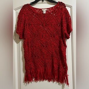 Chico's Women’s Red Crochet With Fringe Short Sleeve Blouse Top Medium